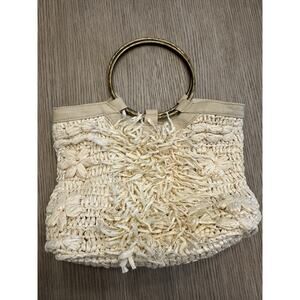Anthropologie Woven Straw Ring Handle Tote Cream Boho Fringe Resort Coastal Bag